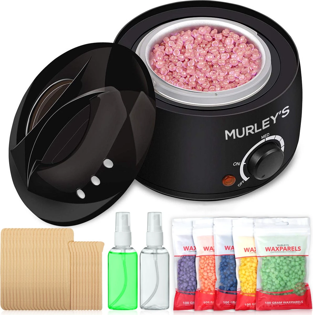 MURLEY'S Wax Apparaat Ontharen Set 500 Gram Waxbonen, Pre En Afterspray (2x 60ml) En 30 Houten Spatels Voor Lichaam En Gezicht 1 MURLEY'S Wax Apparaat Ontharen Set 500 Gram Waxbonen, Pre En Afterspray (2x 60ml) En 30 Houten Spatels Voor Lichaam En Gezicht