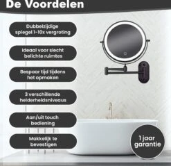 Make Up - Spiegel - Led Verlichting - 10X Vergroting - 3 Lichtstanden - Wandspiegel Rond - Badkamer - Mat Zwart - Draadloos -Cosmetica Winkel 1200x1160 1