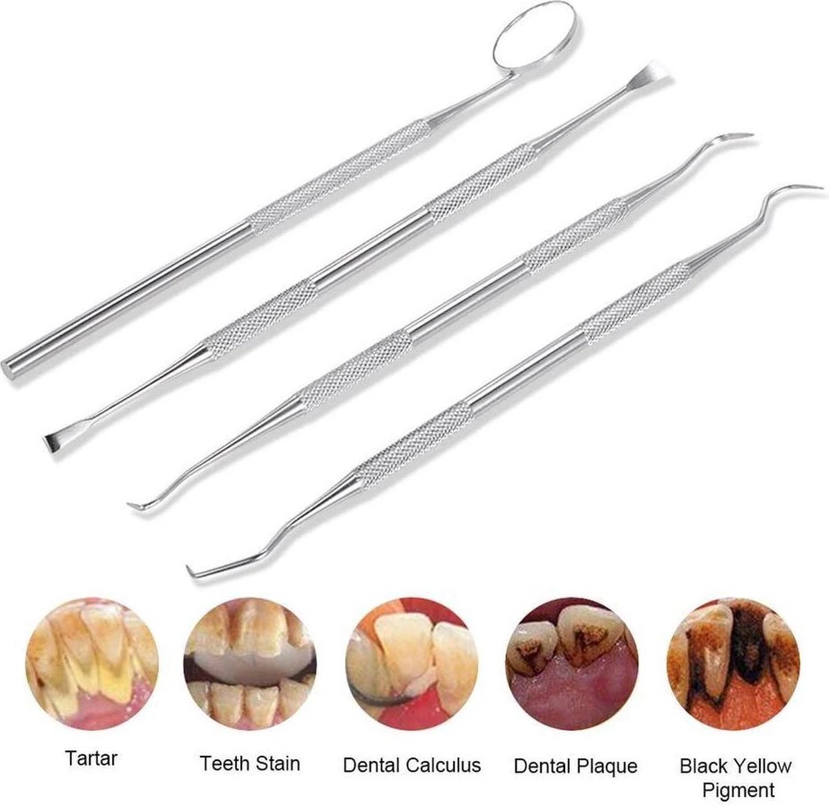 Compleet Tandarts Setje –4 Stuks Tandsteenhaakje – Tandartshaakje - Mondspiegel – Tandarts Gereedschap – Mondverzorging – Stainless Steel 6 Compleet Tandarts Setje –4 Stuks Tandsteenhaakje – Tandartshaakje - Mondspiegel – Tandarts Gereedschap – Mondverzorging – Stainless Steel - Afbeelding 6