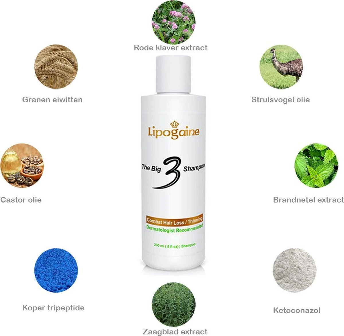 Lipogaine Big 3 Haargroei Shampoo-tegen Haaruitval- Anti Roos- Met 1% Ketoconazol En Biotine- 230 Ml 3 Lipogaine Big 3 Haargroei Shampoo-tegen Haaruitval- Anti Roos- Met 1% Ketoconazol En Biotine- 230 Ml - Afbeelding 3