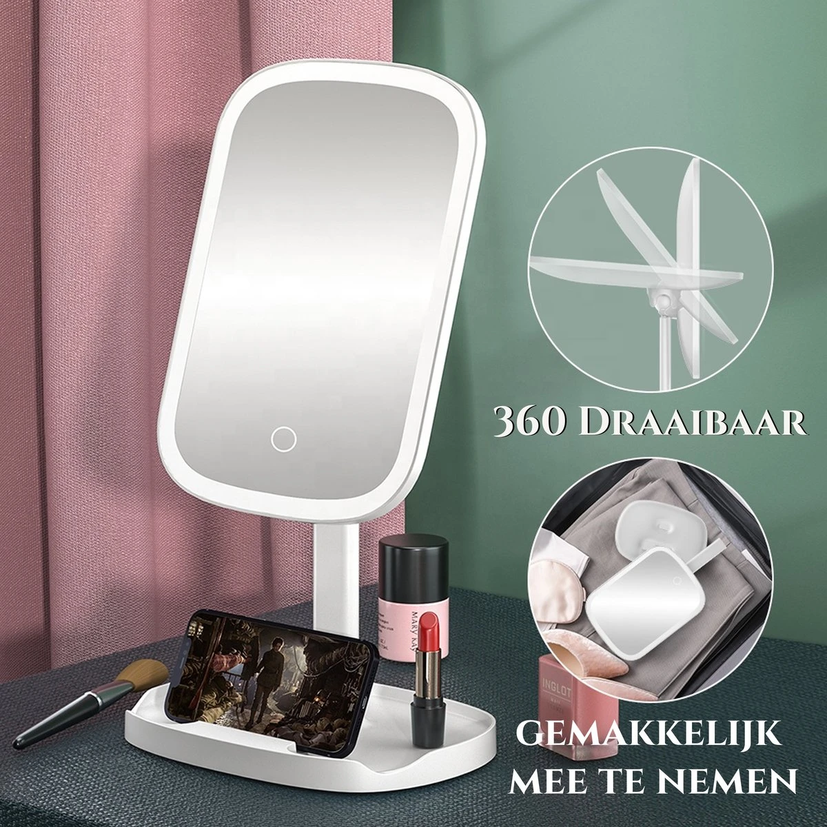 HighHome - Make Up Spiegel Met Led Verlichting - Inclusief 10x Spiegel - 3 Warmtes - 360 °C Draaibaar 4 HighHome - Make Up Spiegel Met Led Verlichting - Inclusief 10x Spiegel - 3 Warmtes - 360 °C Draaibaar - Afbeelding 4