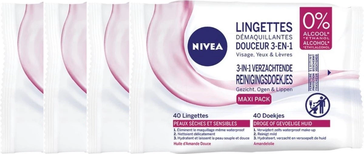 Nivea 3 In 1 Verzachtende Reinigingsdoekjes - Droge En Gevoelige Huid - Zonder Alcohol - 4 X 40 Stuks 1 Nivea 3 In 1 Verzachtende Reinigingsdoekjes - Droge En Gevoelige Huid - Zonder Alcohol - 4 X 40 Stuks