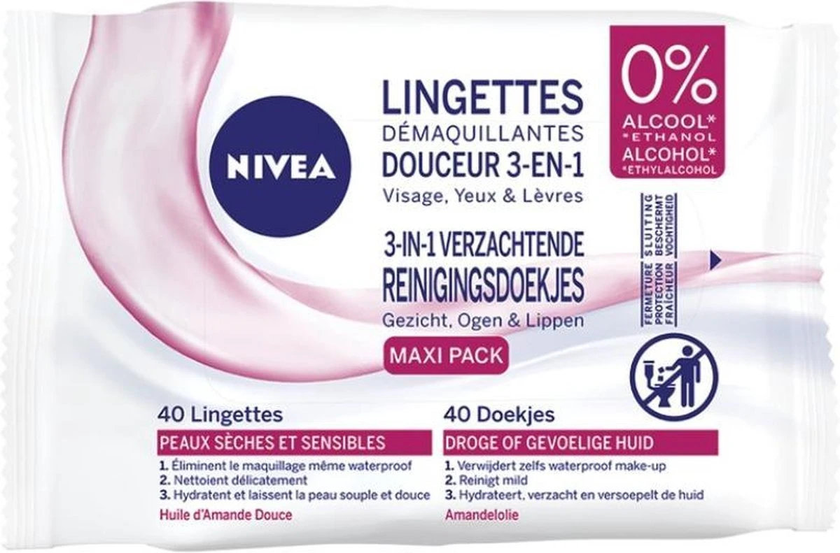 Nivea 3 In 1 Verzachtende Reinigingsdoekjes - Droge En Gevoelige Huid - Zonder Alcohol - 4 X 40 Stuks 2 Nivea 3 In 1 Verzachtende Reinigingsdoekjes - Droge En Gevoelige Huid - Zonder Alcohol - 4 X 40 Stuks - Afbeelding 2